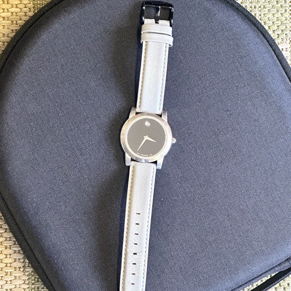 Movado Black Face Watch with Gray Leather Band 🖤